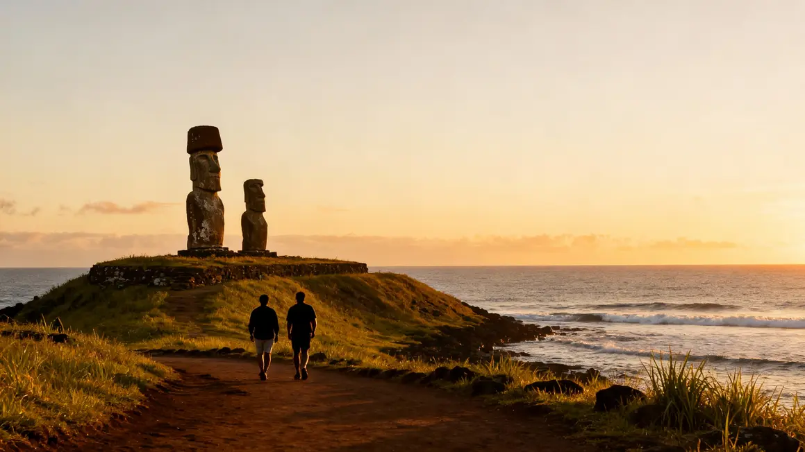 Statues Ahu Tahai face à l’océan au soleil couchant