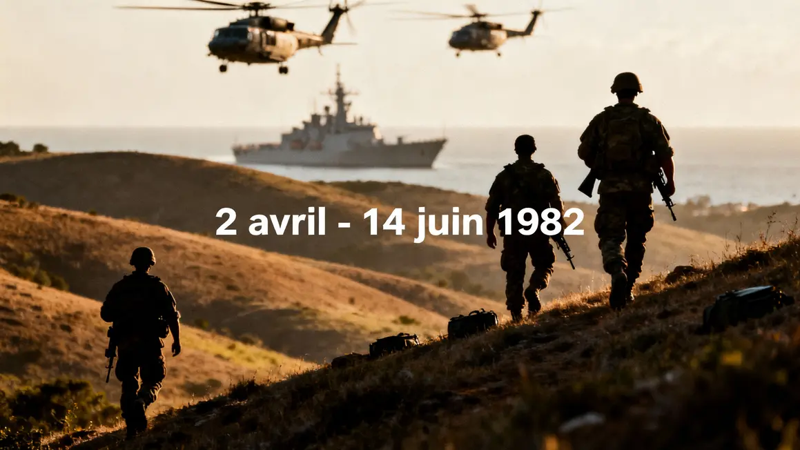 Soldats, navire, hélicoptères Malouines 1982