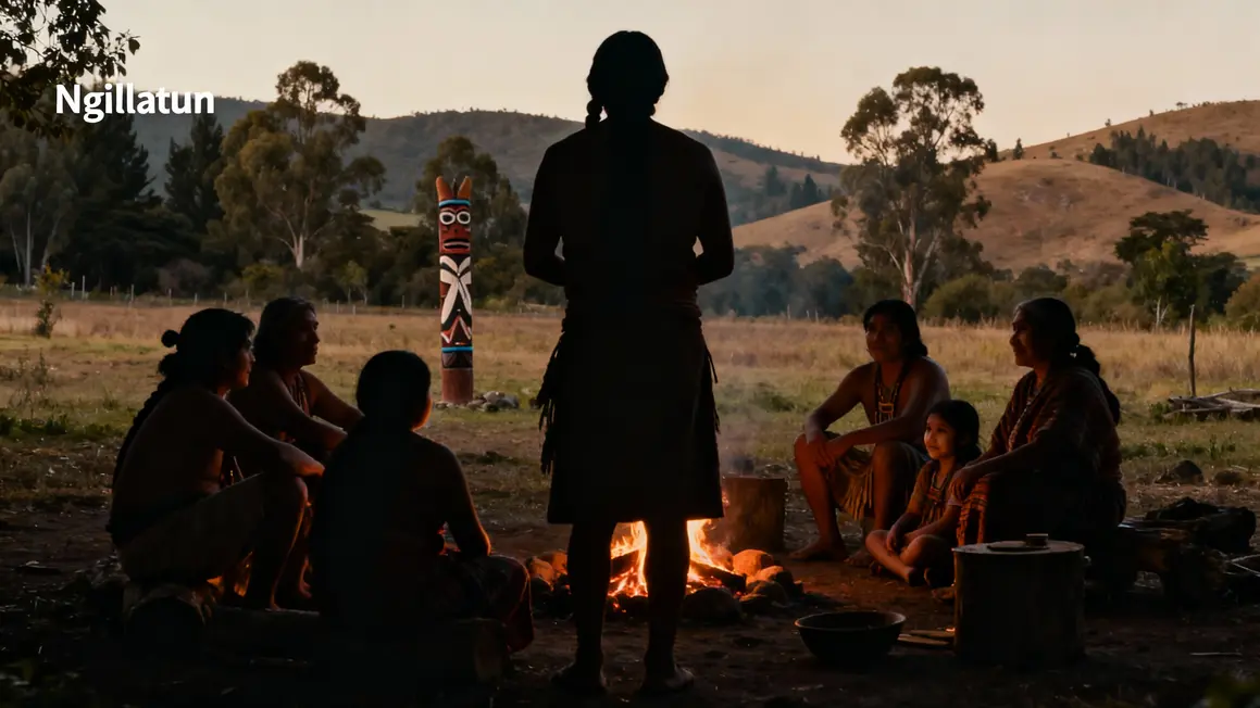 Silhouettes famille mapuche autour d'un feu rituel Ngillatun