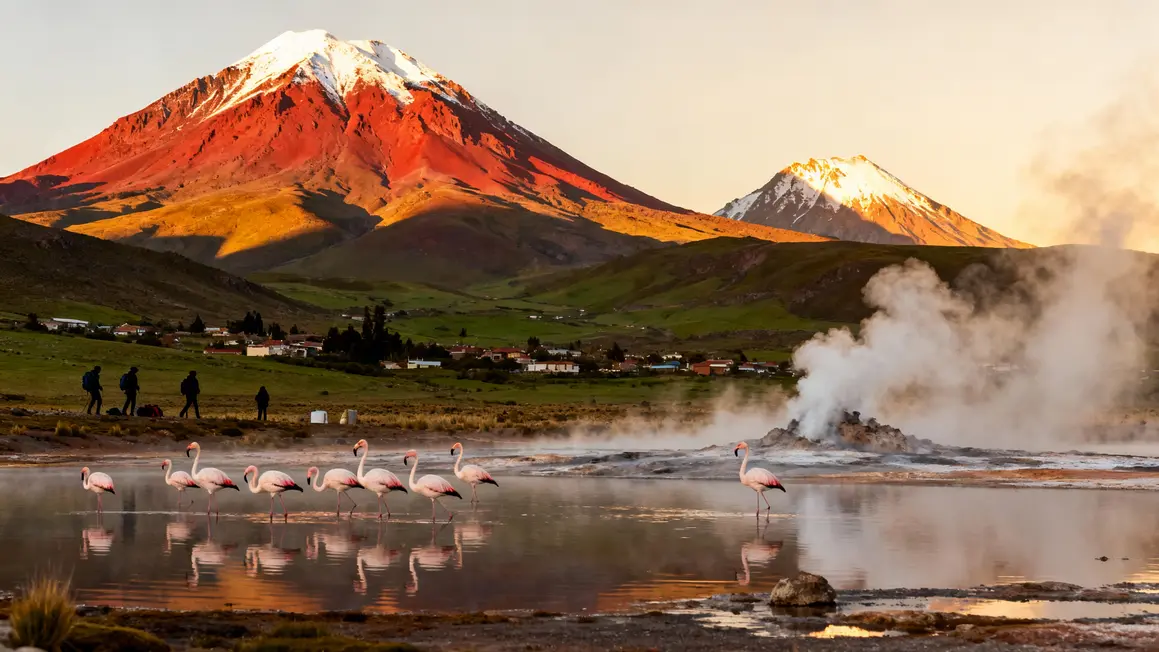 Vues montagnes Chili volcans villages lagune flamants roses