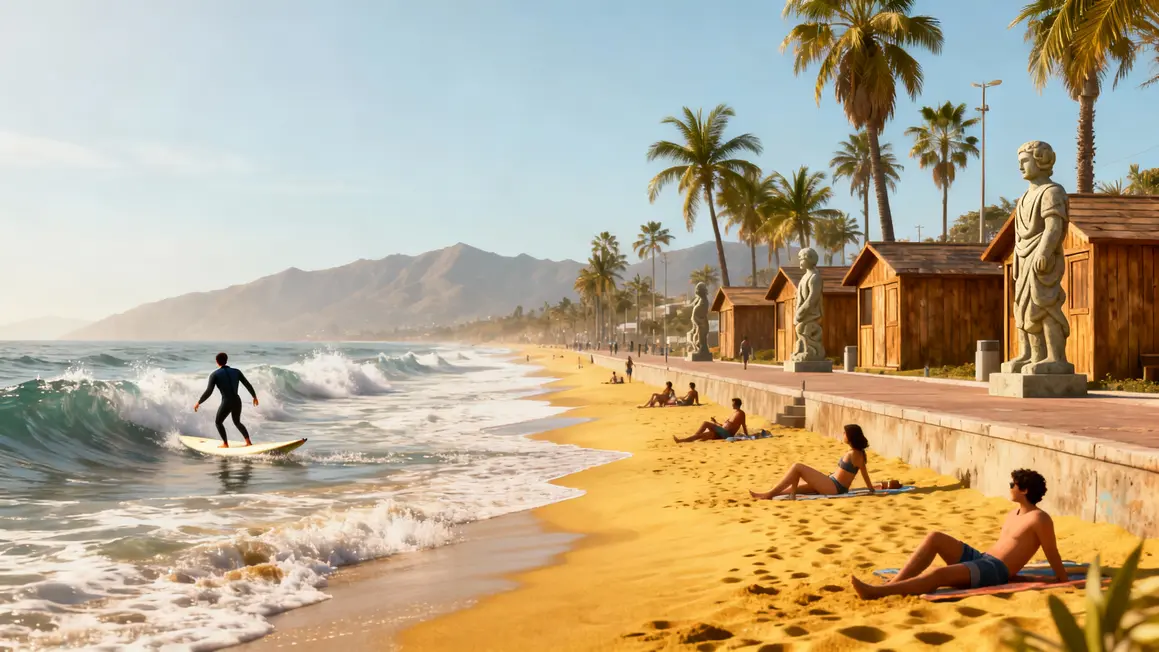 Plage Chinchorro Arica Chili surfeurs statues montagnes