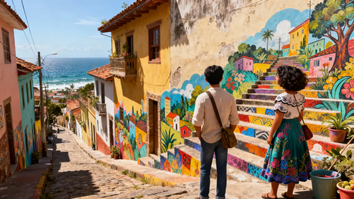 Valparaiso rue escarpee avec fresques murales et ocean