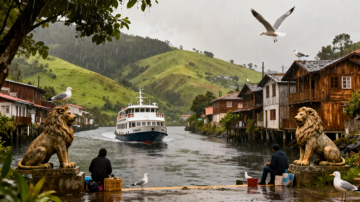 Canal Chacao ferry maisons bois animaux paysages Chiloe
