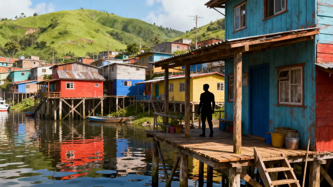 Castro palafitos pilotis reflets eau collines Chiloe