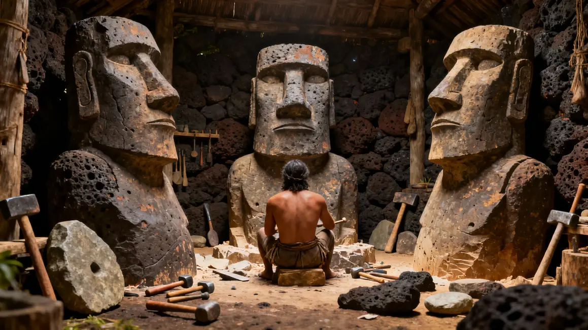 Atelier sculpture Moai tuf volcanique ile de Paques