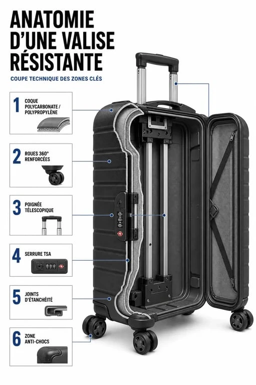 Valise résistante : coque, roues, serrure TSA et protection contre les chocs