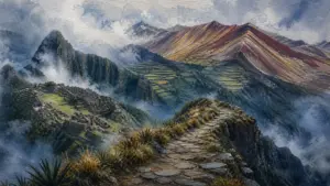 Pérou paysage : sentier andin vers Machu Picchu et vallée sacrée