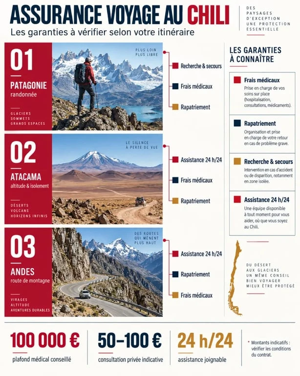 Infographie sur l’assurance voyage Chili et les garanties médicales, rapatriement et recherche-secours