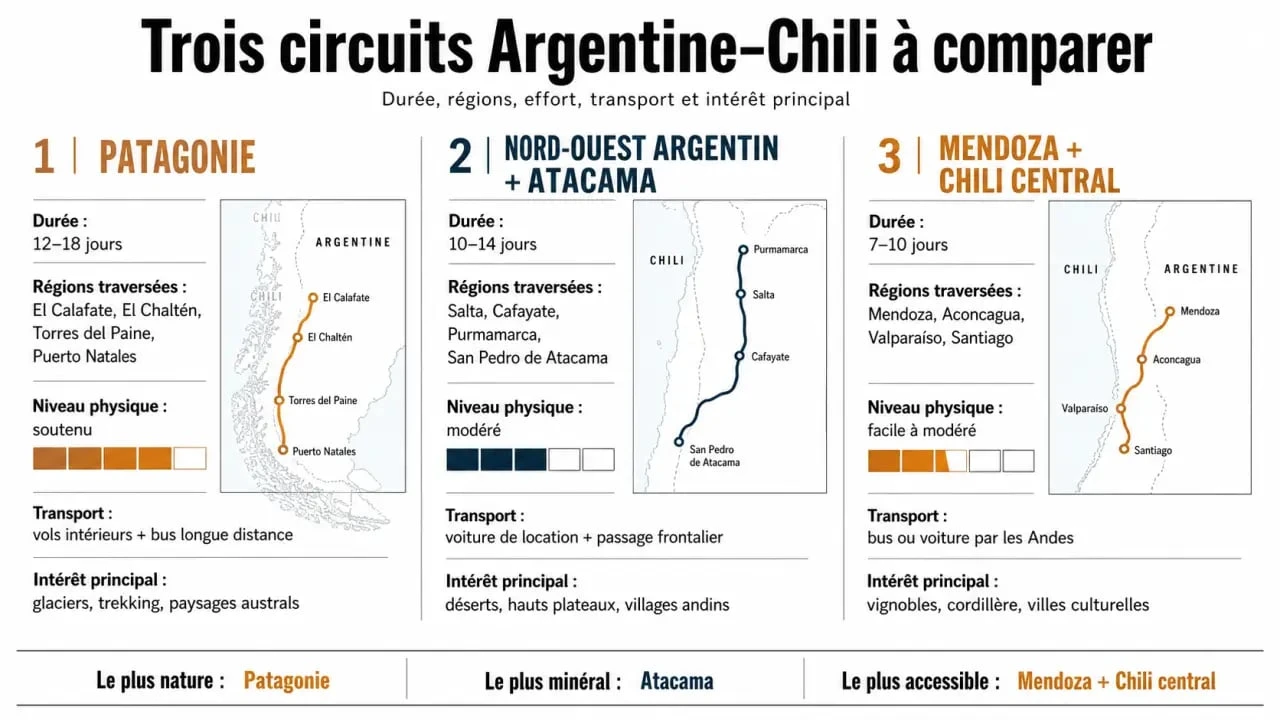 Argentine Chili circuit comparatif des itinéraires par durée, régions et niveau de voyage